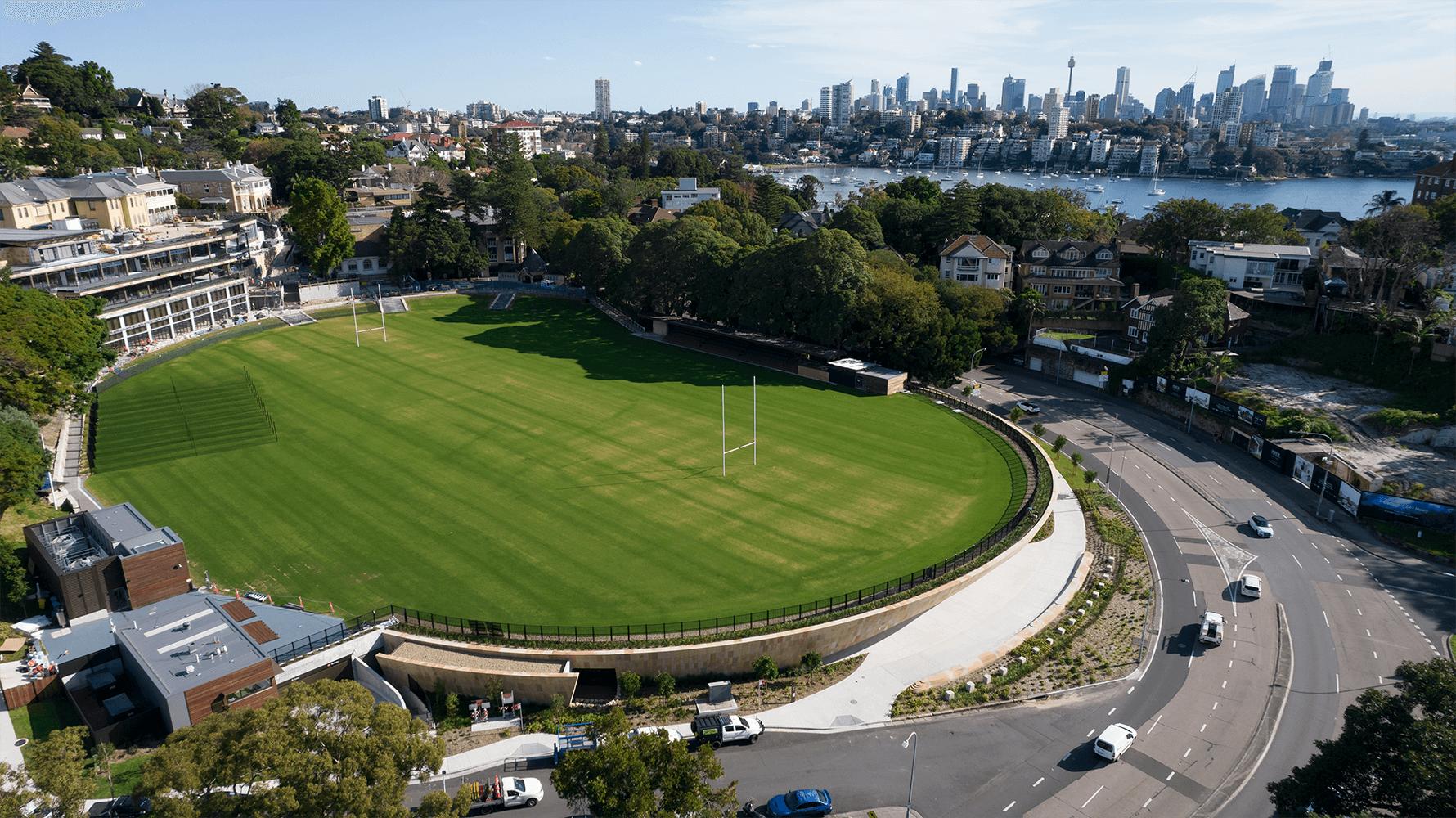 Aerial view of a school natural turf oval Field of Play