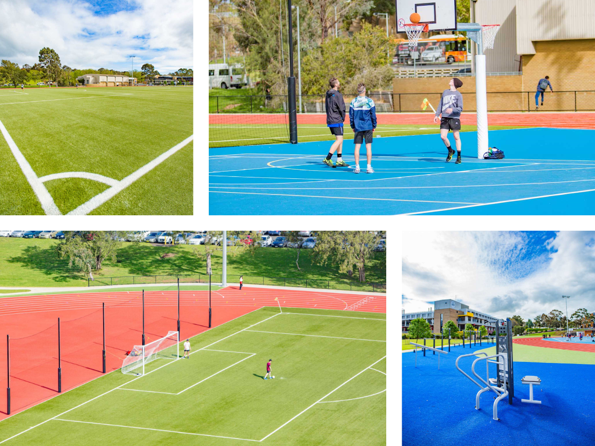 4 photos showing the Deakin university sporting complex with people playing sports on it